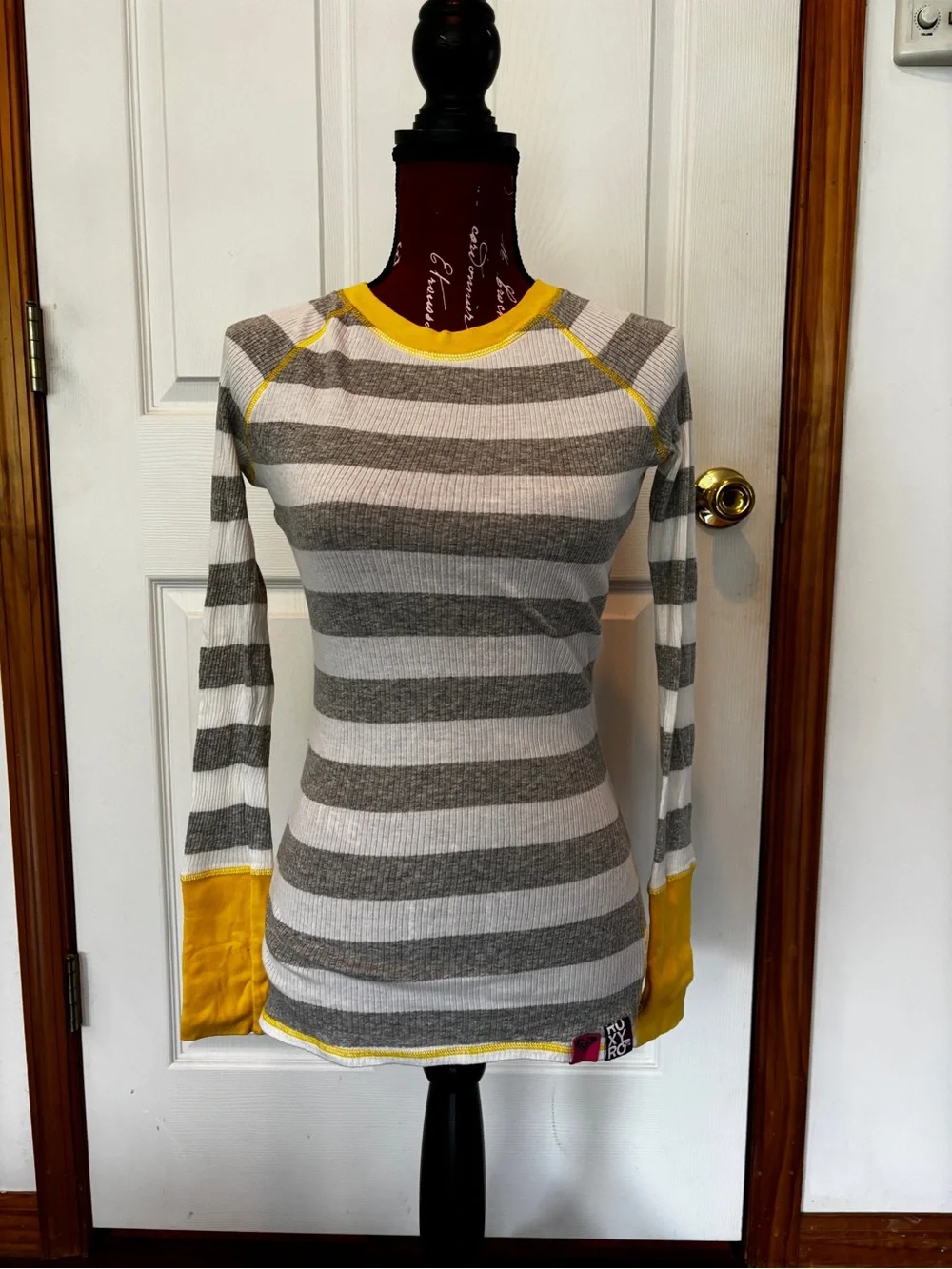 Roxy Gray & White Striped Long Sleeve Top with Yellow Trim - Picture 1 of 3